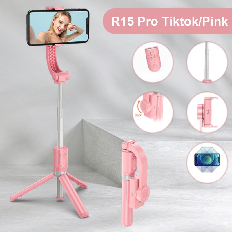 Single axis stabilizer R15 mobile phone self stick vlog video live anti shake aluminum tripod for xiaomi red note 9 for iphone12: R15 Pro Pink