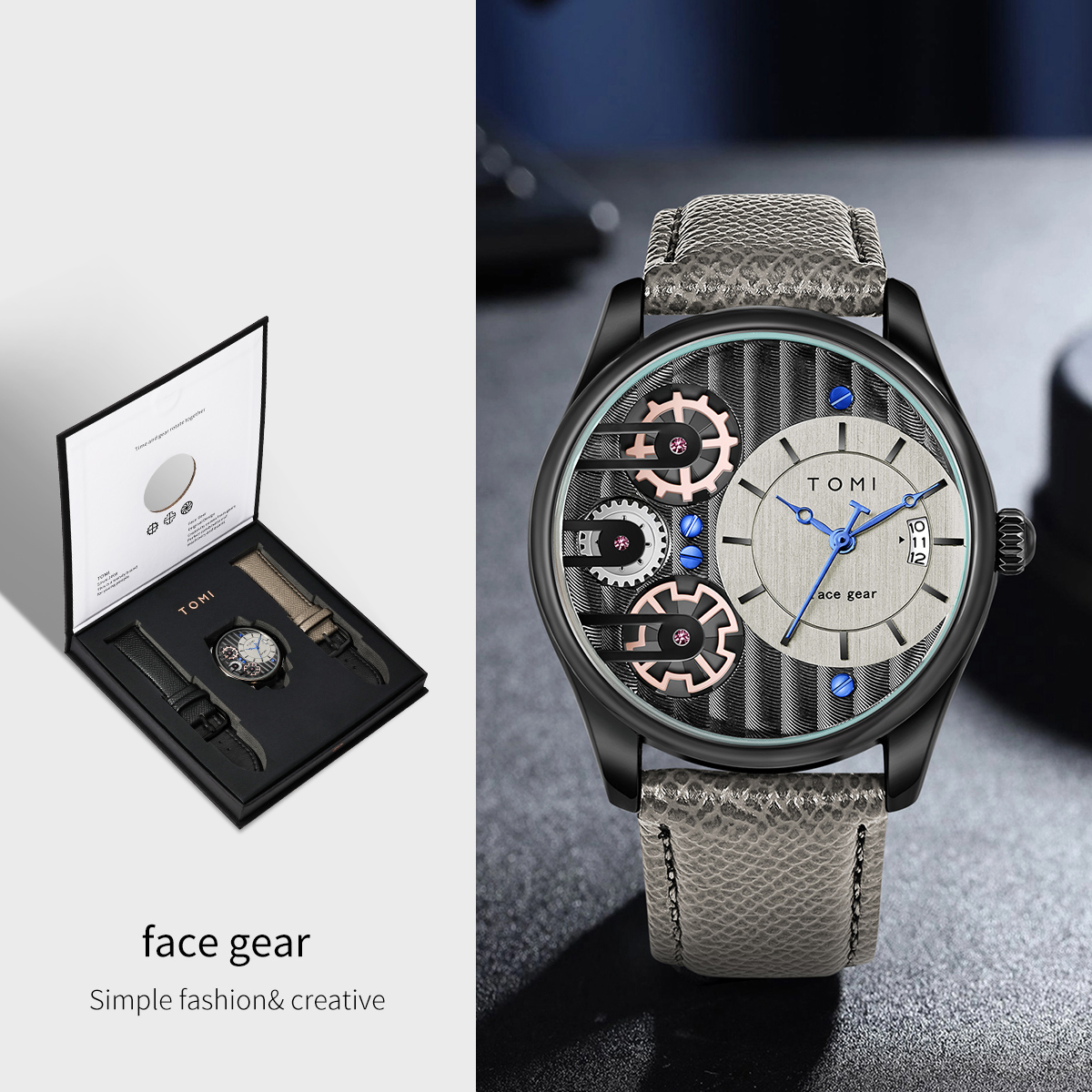 TOMI Heren Geschenkdoos Combinatieset Horloge Luxe en Eenvoudig Zakelijk Afneembare band Quartz Horloge Herenhorloge Festival Cadeau: Grey
