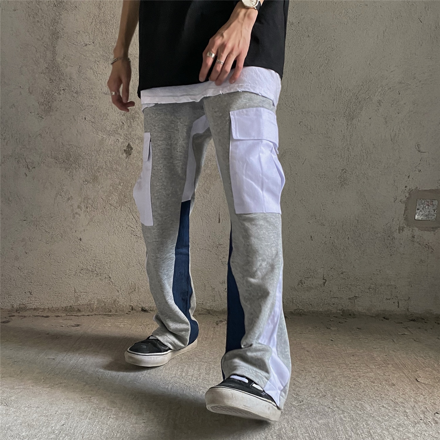 UNCLEDONJM Colour block streetwear sweatpant men multi-pocket Flare Pants men clothing hip hop pants U20122