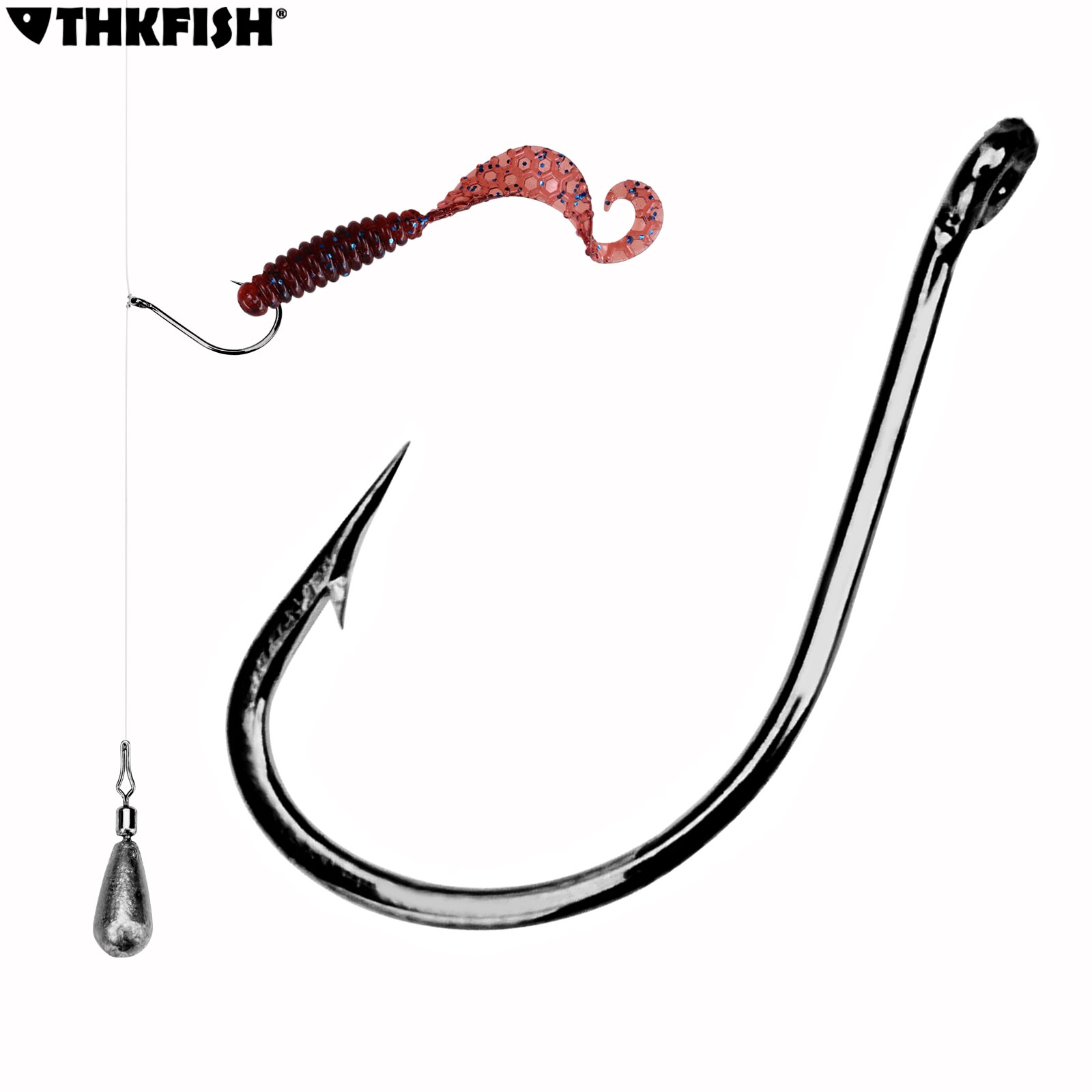 THKFISH 100 pièces crochets de pêche Dropshot # 6 # 4 # 2 # 1 # Hameçon barbelé de pêche en acier à haute teneur en carbone Frehswater 1/0 pour leurres souples
