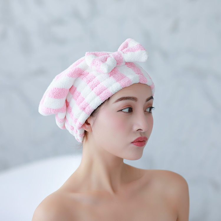 Girl's Hair Drying Hat Quick-dry Hair Towel Cap Hat Bath Hat Microfiber Solid Towel Cap Super Absorption Turban Hair Dry Cap: pink stripes