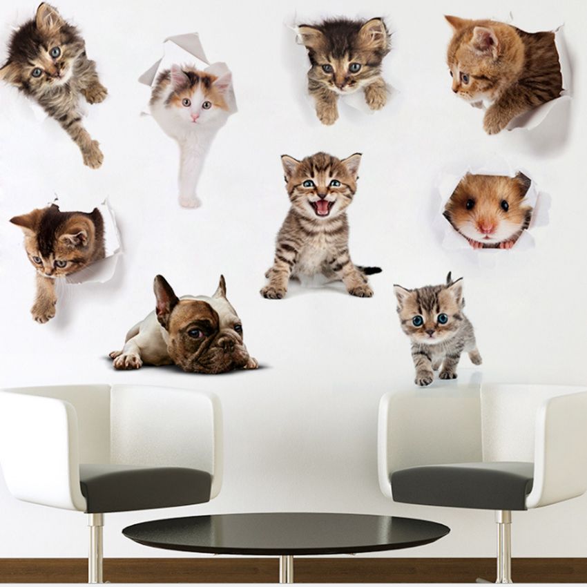 3D Cartoon Muur Sticker Leuke Kat Hond Waterdichte Refreigter Poster Verwijderbare Stickers Wc Keuken Kamer Home Decor