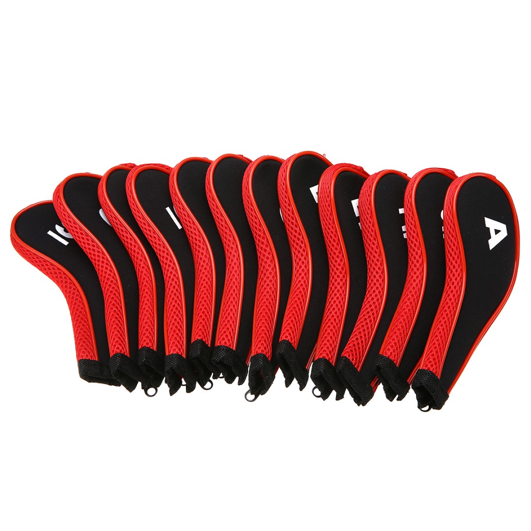 12Pcs Rubber Neopreen Golf Head Cover Golf Club Iron Putter Beschermen Set Nummer Gedrukt met Rits Lange hals: Red