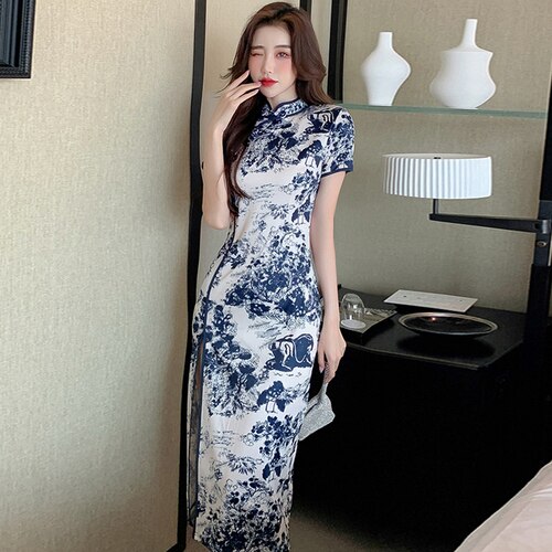 Chinese Cheongsam Qipao Dress, Vrouwen Vintage Bloemenprint Satijnen