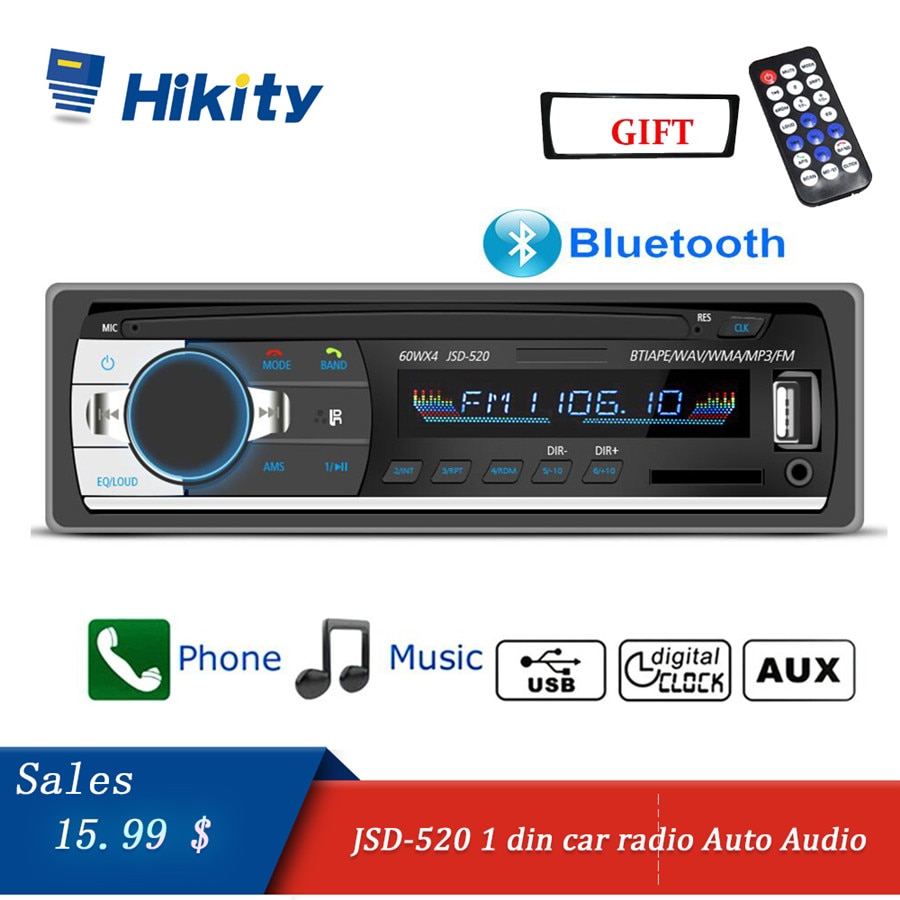 Hikity-Autoradio stéréo, Bluetooth, récepteur, MP3, USB JSD-520, SD, entrée auxiliaire, 1 din, lecteur multimédia, pour voiture