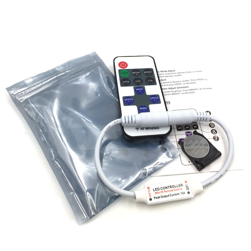 RF Wireless Mini Controller for LED Strip Lamp Bulb Lights Dimming 5V 12V 24V Remote Control Dimmer Switch DC/ Wire Connector