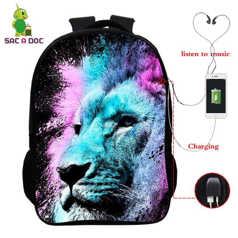 Usb-lade-rucksack, laptop-rucksack für damen und herren, schulrucksack, #39 3d zoll-rucksack mit löwenmuster, 16- zoll-reiserucksack, freizeitrucksack: Beige
