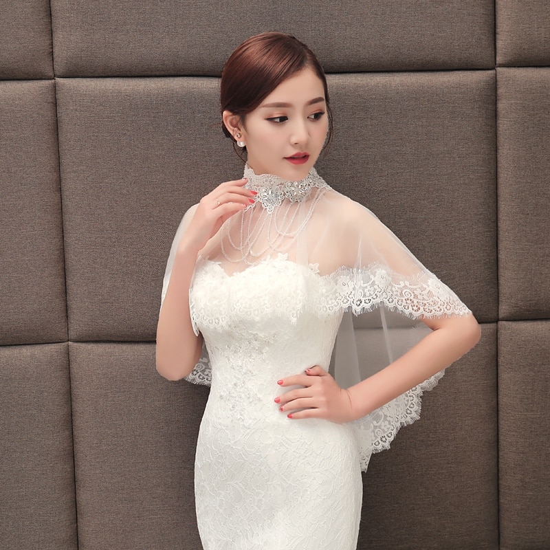 Wedding Cape Bridal Shawl White Red Tulle Crystal Lace Bolero For Women Long Cape Cloak Shawl Shrug Chaquetas De Fiesta Mujer