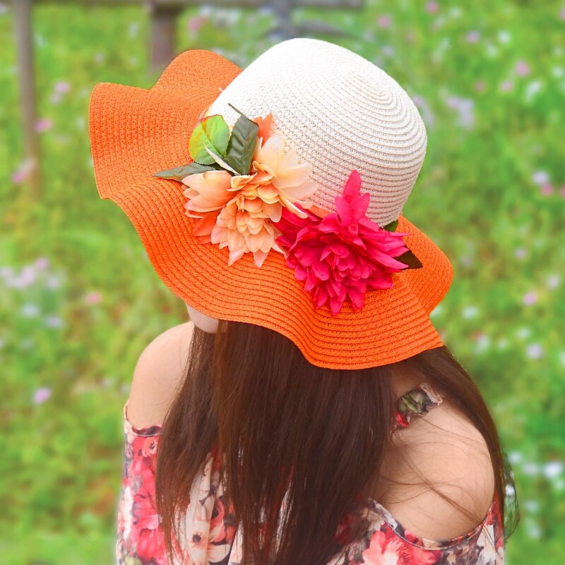 Sombrero de paja con flores para madre e hija, sombrero flexible de ala ancha para playa, verano,