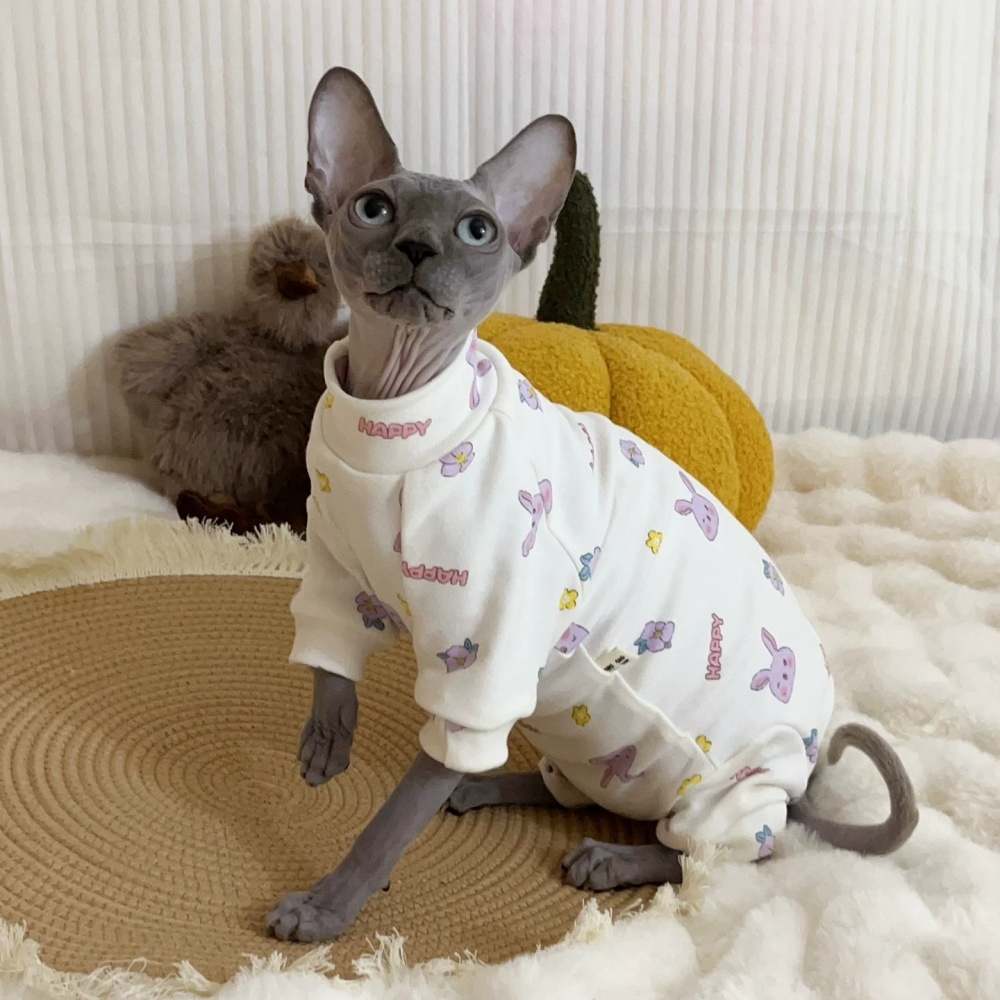 Lange mouwen katoenen 4-poots jas voor Sphynx kat zacht cartoon shirt voor kittens honden roze witte pyjama voor vrouwelijke kat dierbenodigdheden: M / Roze