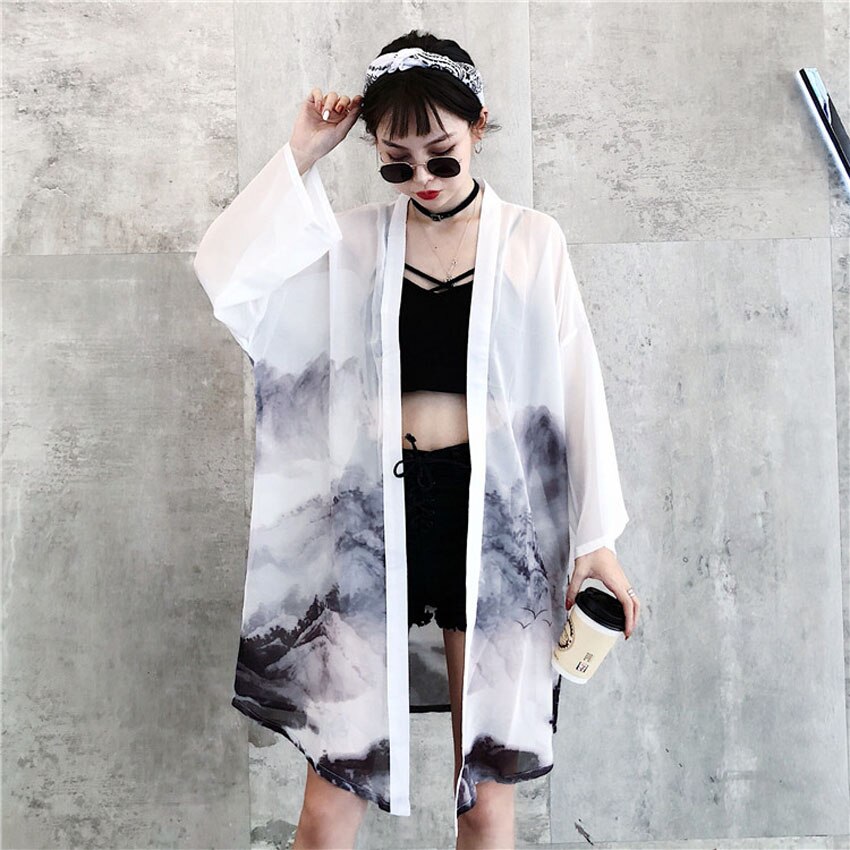 2022 Sunscreen Woman Japanese Traditional Kimono Cardigan Chinese Oriental Ink-wash Painting Thin Long Robe Coat Haori Outfits