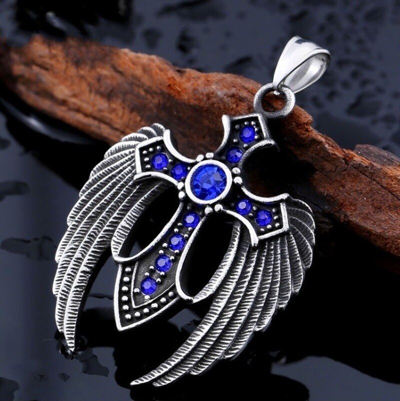 Colgante de pluma de piedra de 3 colores para hombre, Cruz de Cruz con alas dobles de acero inoxidable, Punk, tendencia de clásica