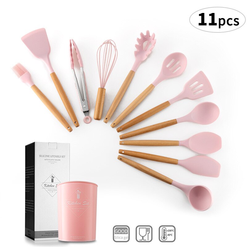 JOYLOVE 11 Uds conjunto de utensilios de cocina de silicona, mango de madera sólida rosa con caja de almacenamiento, Kit de utensilios de cocina accesorios de herramientas de cocina