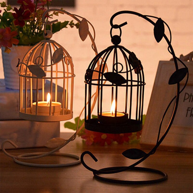 Portavelas jaula de pájaros de Metal candelabro de vela decoración de mesa de boda Vintage negro