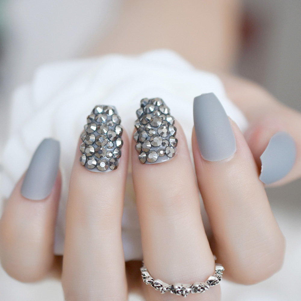 Rhinestone Matte Doodskist Korte Nagels Maroon Rood Kleurrijke Edelsteen Handgemaakte Nep Nagels Frosted Party Lady Nagels: L5038