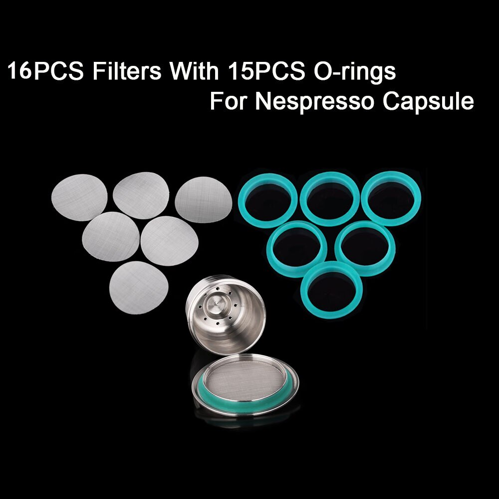 16Pcs Filter Mesh 15Pc Siliconen O-Ring Vervanging Ring Compatibel Met Nespresso Rvs Hervulbare Capsules Voor koffie: 16 Filters 15 O-ring