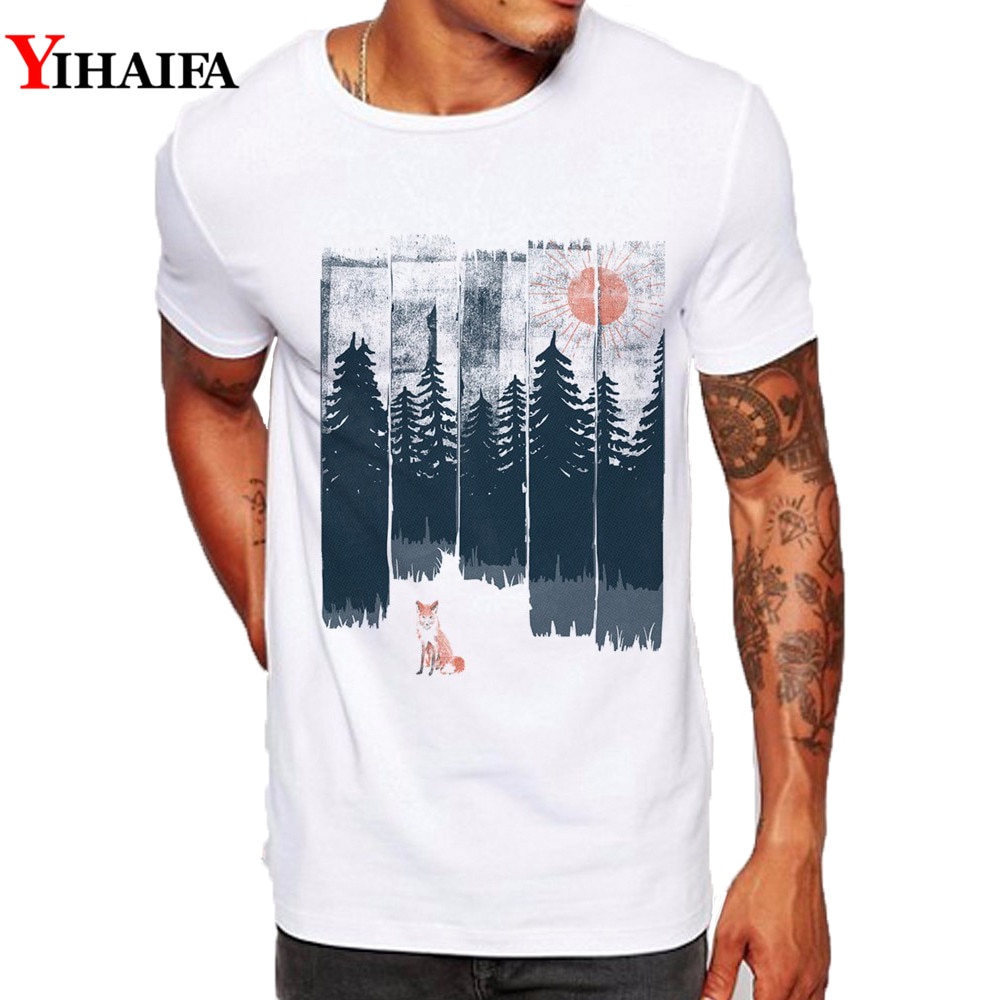 3D Printed Brand Hipster Men T Shirt Slim Fit Graphic Tee Funny Fox Forest Tree Gym Print T-Shirts Casual White Tops
