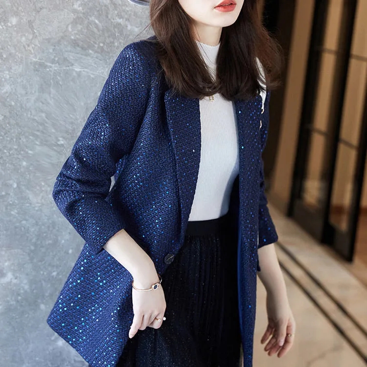 Hstar – petit costume de rue à paillettes pour femme, Blazer ample, coréen, nouvelle veste drapée, bureau, printemps-automne, 2022: Blue / S