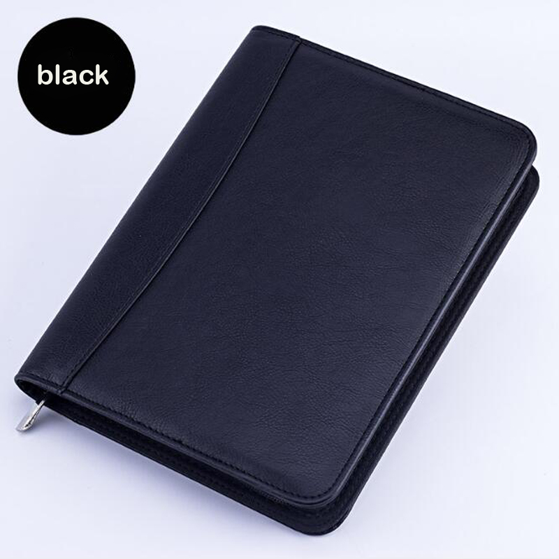 A5 padfolio med lommeregner lynlås binder notesbog pu læder mappe mappe spiral rejse notes bog: Sort