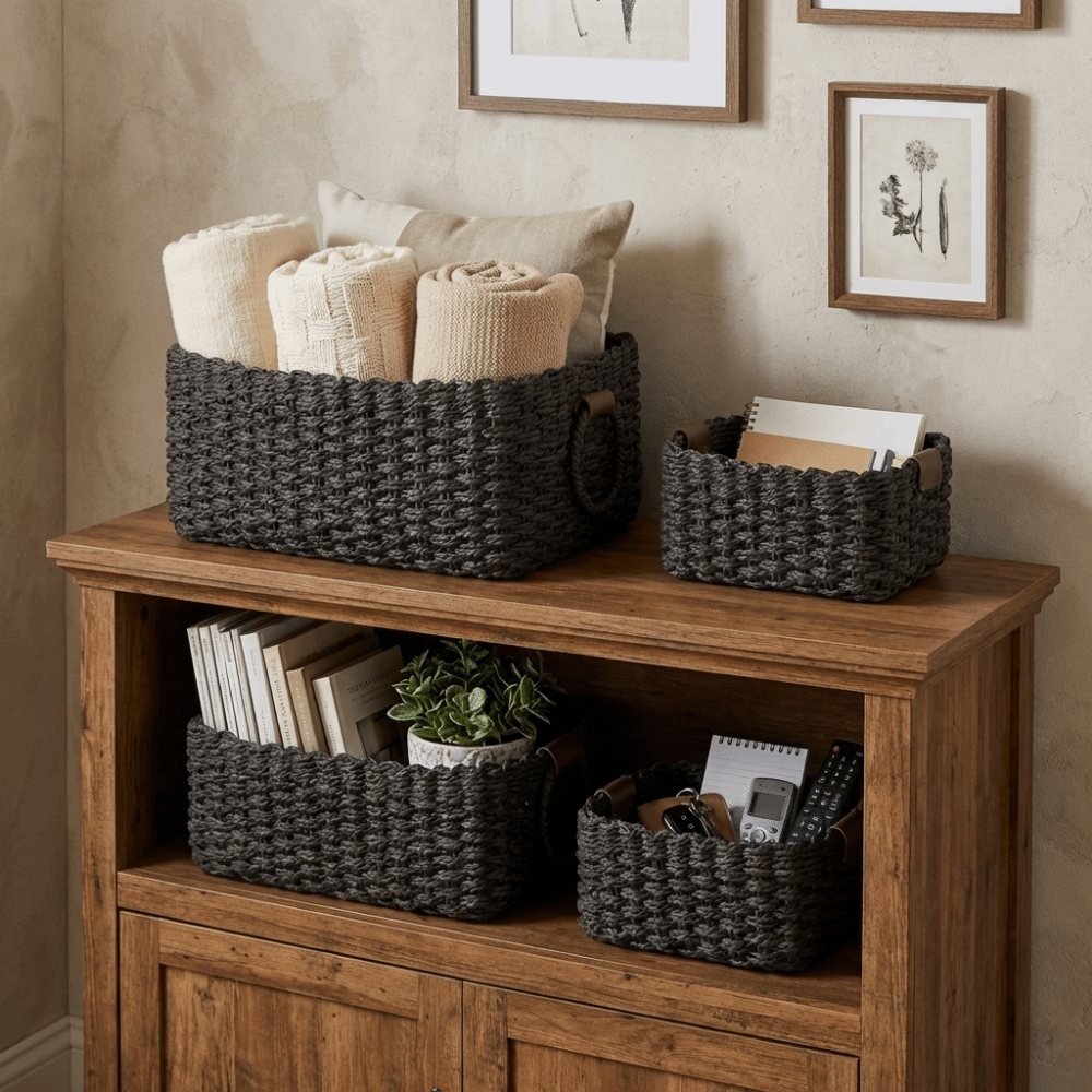 3PCS Handmade Paper Rope Storage Basket Simple Decorative Cosmetics Storage Basket Eco-friendly with Handle Laundry Basket