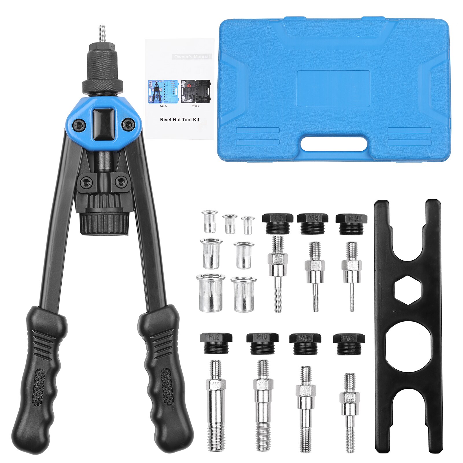 110Pcs Hand Rivet Nut Tool Rivet Nut Setter Kit with 100pcs Assorted Rivet Nuts 7 Metric Mandrels of M3/M4/M5/M6/M8/M10/M12
