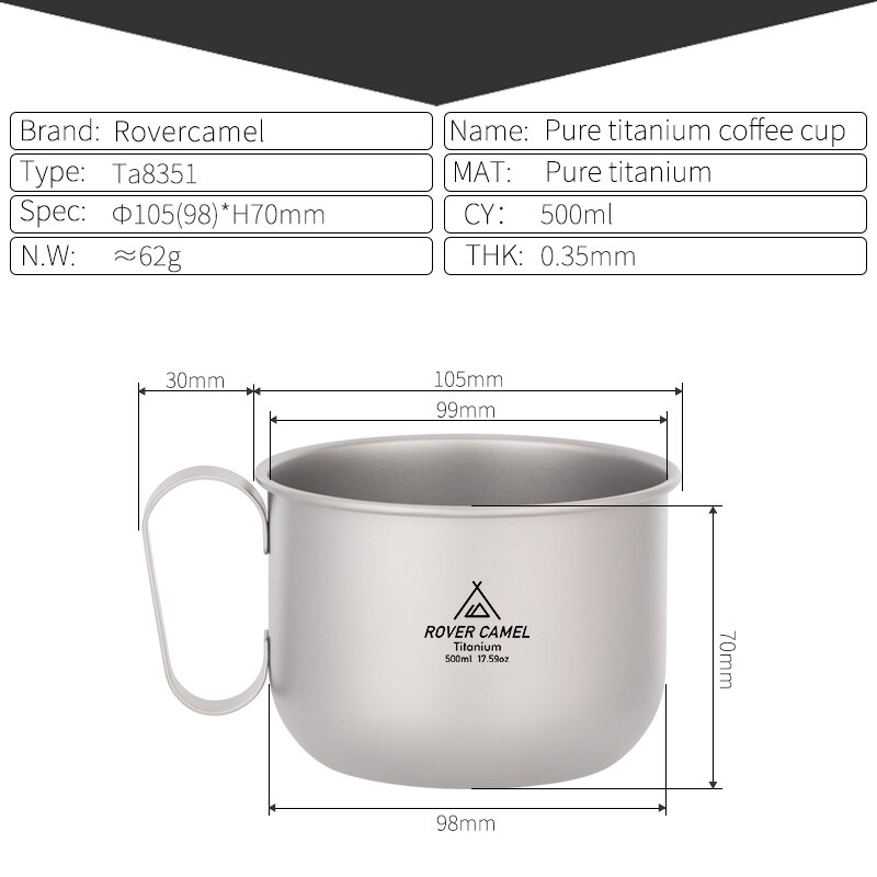draussen Titan Tasse 500ml mit deckel Geschirr Camping Kaffee Tee Becher Tasse Picknick Camping Becher Wasser Tasse: Ta8315RC