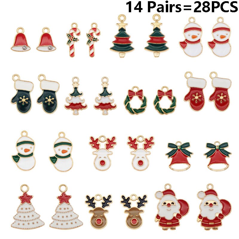 Julie Wang Enamel Christmas Charms Alloy Mixed Santa Claus Tree Bell Sock Snowman Snowflake Pendant Jewelry Making Accessory: 14 Pairs Mixed A