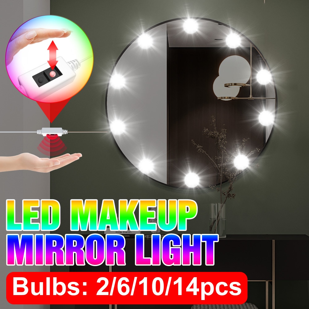Usb Led Make-Up Lamp Hollywood Vanity Mirror Gloeilamp 12V Led Kaptafel Licht Traploos Dimbare Wandlamp 2 6 10 14 Lampen