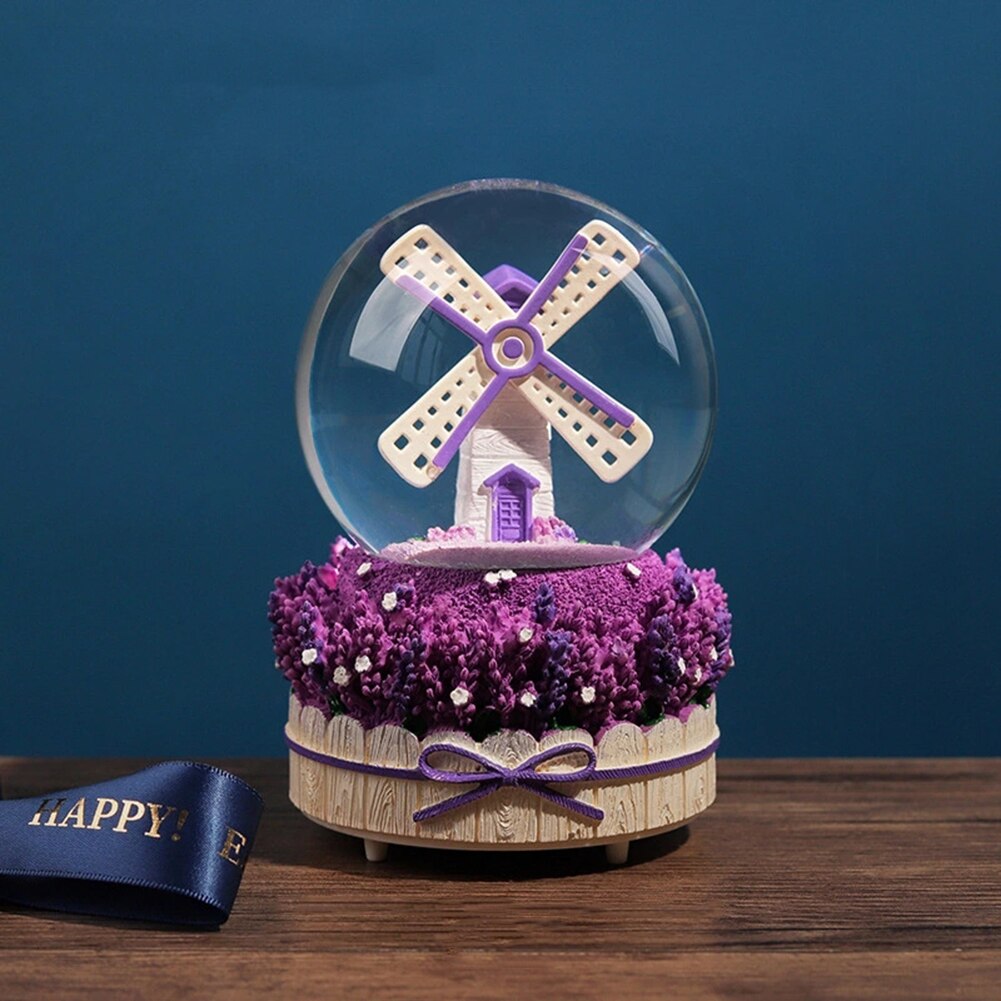 Nieve cayendo nieve caja de música de molino de viento caja de música con forma de bola de cristal con púrpura lavanda Base de escritorio decoración