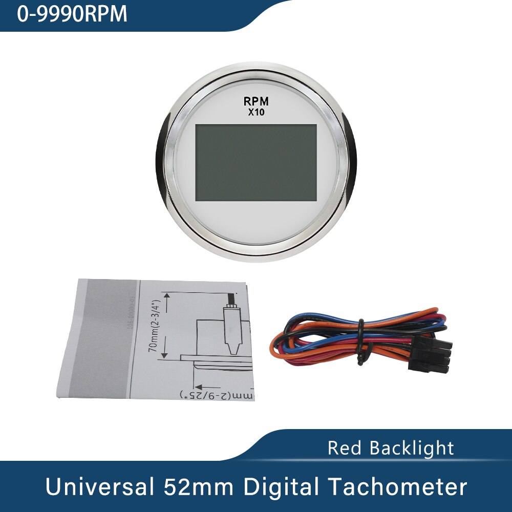 Waterproof Digital Tachometer REV Counter RPM Gauge with Hour Meter 9990RPM 52mm 9-32V Red Backlight for Car Boat Universal