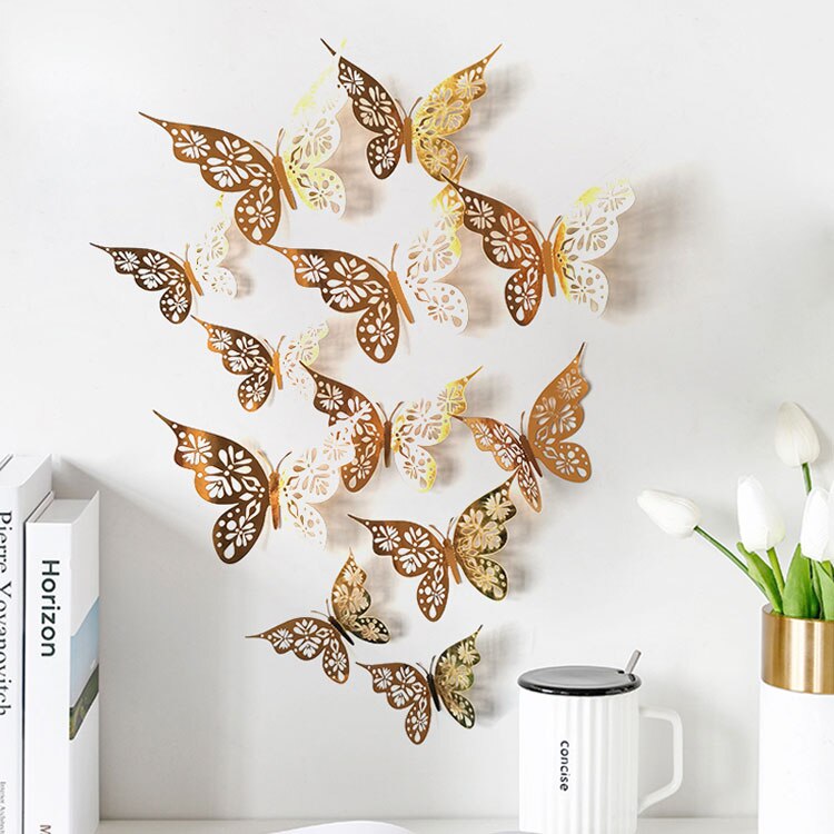 12pcs/set 3D Hollow Butterflies Wall Sticker for Home decoration Living room bedroom for Party Wedding decor Butterfly stickers: Gold G