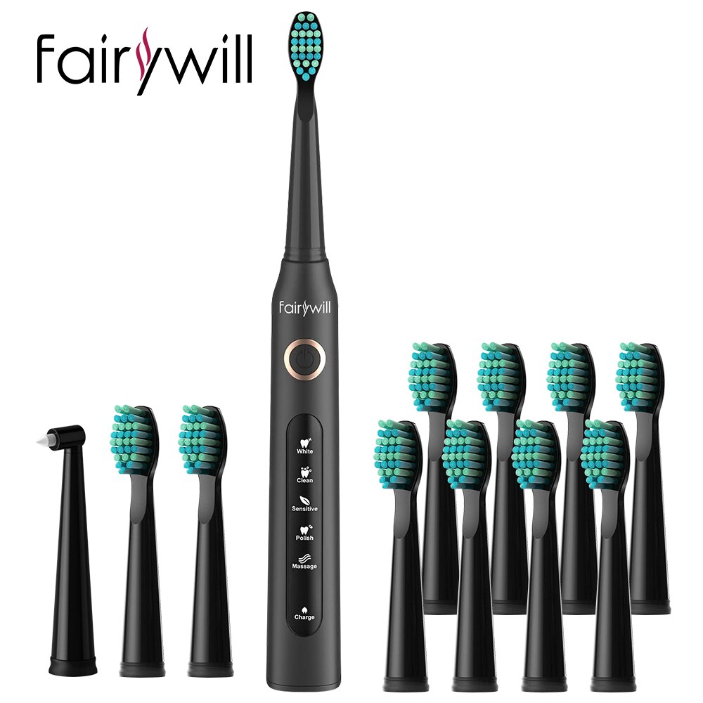 Fairywill FW-507 Electric Sonic Toothbrush Waterproof USB Charge Rechargeable Adult Electronic Tooth 8 Brushes Replacement Heads: FW-ET507.FW02-2