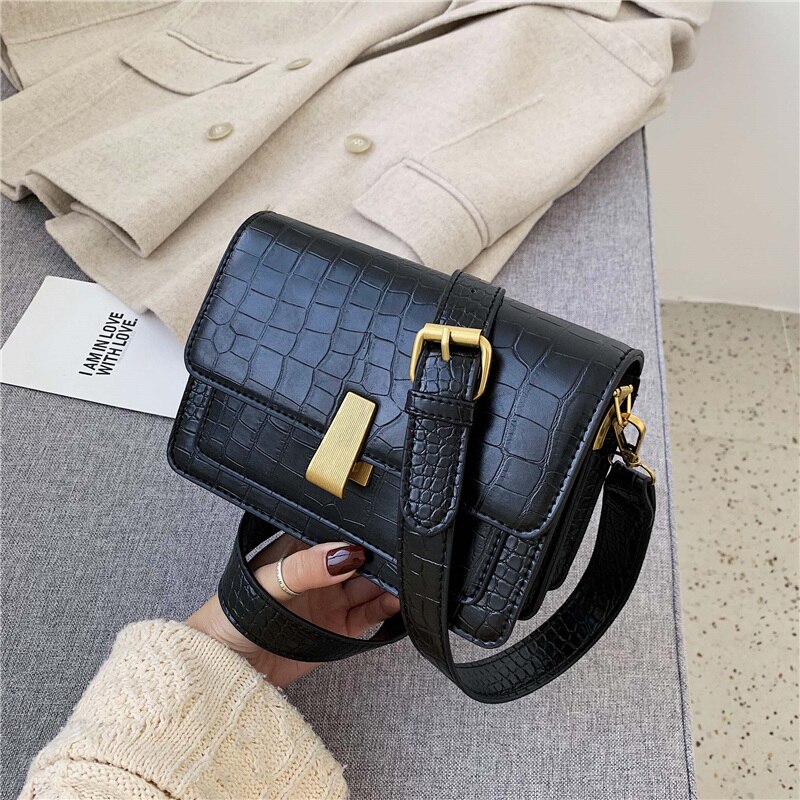 Simple Women's Handbag PU Leather Women Messenger Bag Alligator Shoulder Crossbody Bags Black: Black