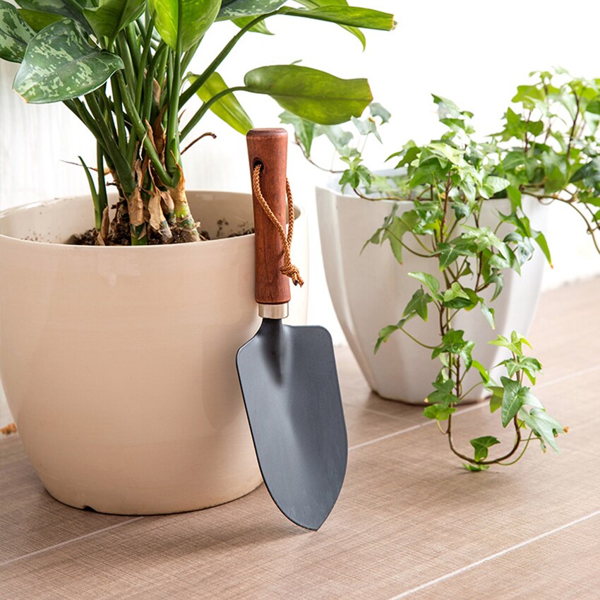 Trähandtag liten spade balkong plantering blommor ogräsrensning trädgårdsredskap hushåll köttiga krukor lös jord järn utgrävning spade