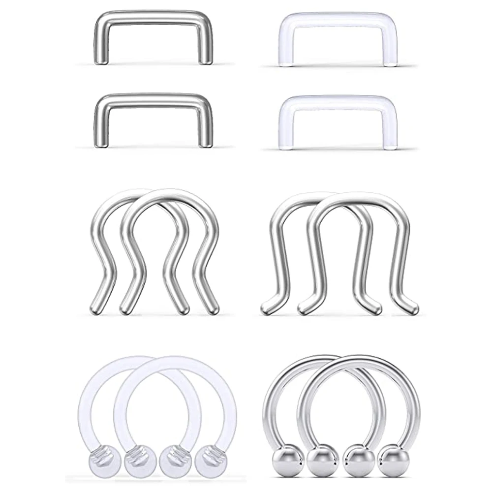 2 uds/12 Uds retenedor de tabique acrílico transparente y acero quirúrgico anillos para la nariz aro herradura cartílago Tragus tabique anillo Piercing corporal: Color oro puro