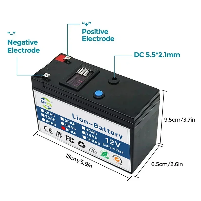 Batterie Li-ion 18650 12V 90Ah, BMS intégré, pour pulvérisateur, véhicule électrique, lampe LED, Batterie Lithium haute capacité
