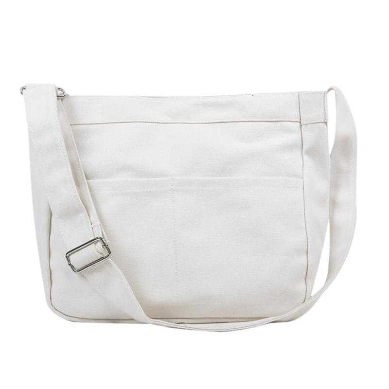 Lærred messenger tasker kvinder ensfarvet stor kapacitet skulder håndtaske øko crossbody taske dame vintage messenger tasker: Hvid