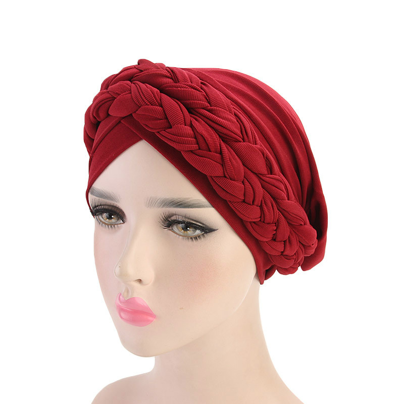 Musulman Double couleur tresses Stretch Turban à volants cheveux chapeaux Beanie Bandanas foulard Turban chapeaux pour les femmes 08