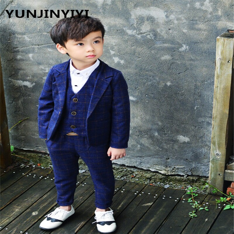 YUNJINYIYI Boys Formal Suits For Weddings England Style Man Child Blue Party Tuxedos Boys Formal Suits Blazer+Pants+Vest