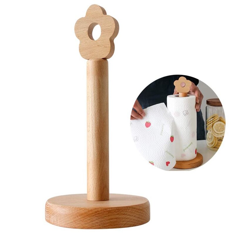 Beech Wood Paper Roll Holder Stand Natural Wood Paper Towel Holder for Kitchen Bathroom Living Room Flower