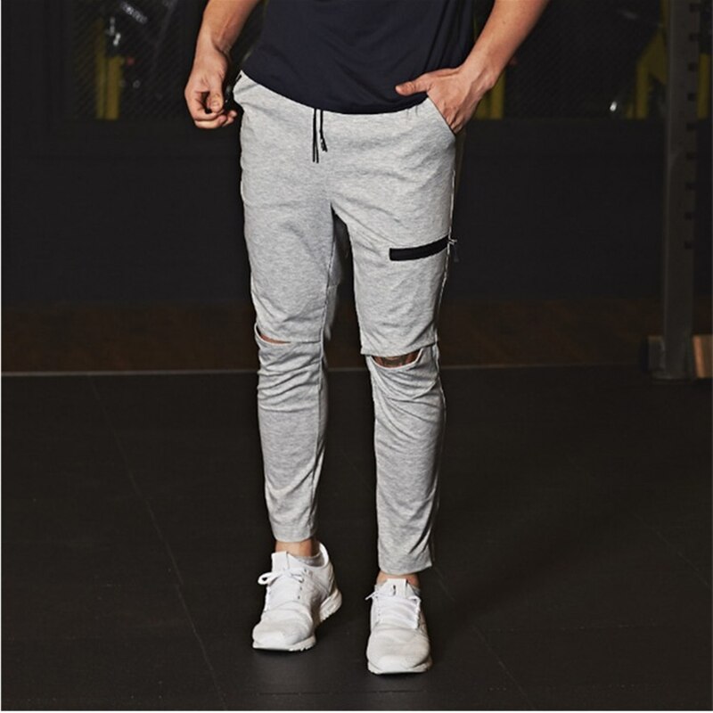 Hole motion pants men's bodybuilding clothing Pantalon men's jogger fitness bodybuilding casual stretch pants: gray / XL
