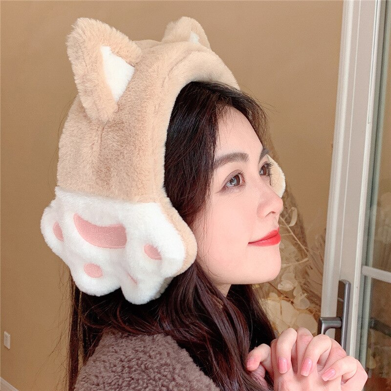 Nuove donne ragazza pelliccia inverno paraorecchie paraorecchie gatto cuffie paraorecchie gatto zampa paraorecchie fascia morbida soffice cuffia cuffie da donna: cachi