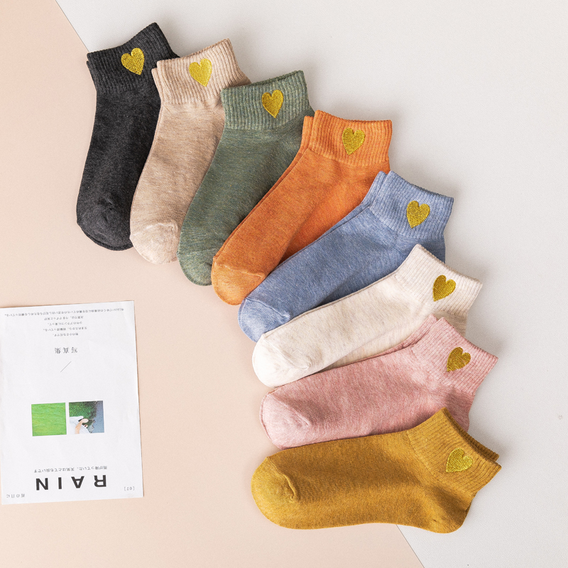 1 Pair Harajuku Cute Candy Color Sports Casual Socks Happy Funny Heart Ankle Socks Embroidery Ladies Cotton Soild Slippers
