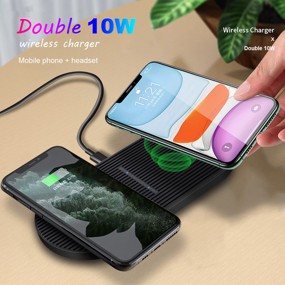 FDGAO 20W Dual cargador inalámbrico Qi para iPhone 11 X XR XS 8 Samsung S10 S20 tipo C 2 en 1 doble 10W USB muelle de carga de Pad