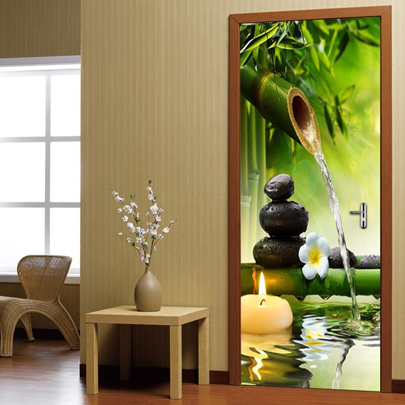 Pegatinas de puerta de paisaje de bambú verde 3D DIY, autoadhesivo de PVC, Mural de puerta de sala de estar, pegatina de pared, póster, papel tapiz fotográfico