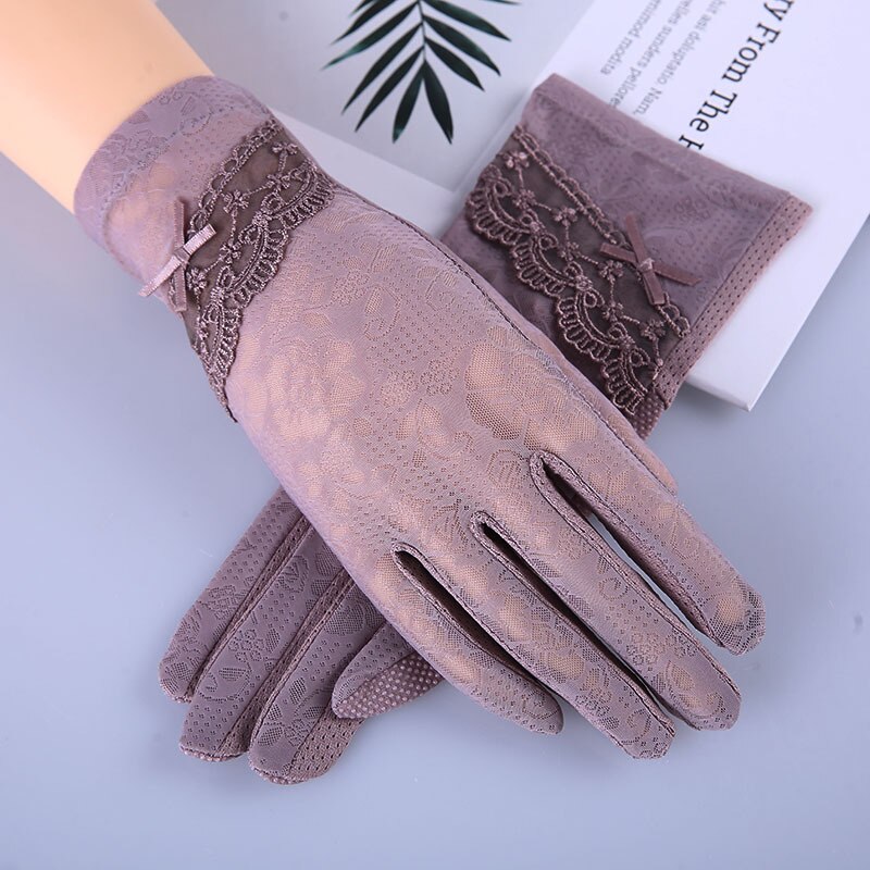 Vrouwen Zomer Boog-Knoop Outdoor Touchscreen Vinger Handschoenen Ijs Zijde Kant Zonnebrandcrème Anti-Slip Rijden Handschoenen: Paars