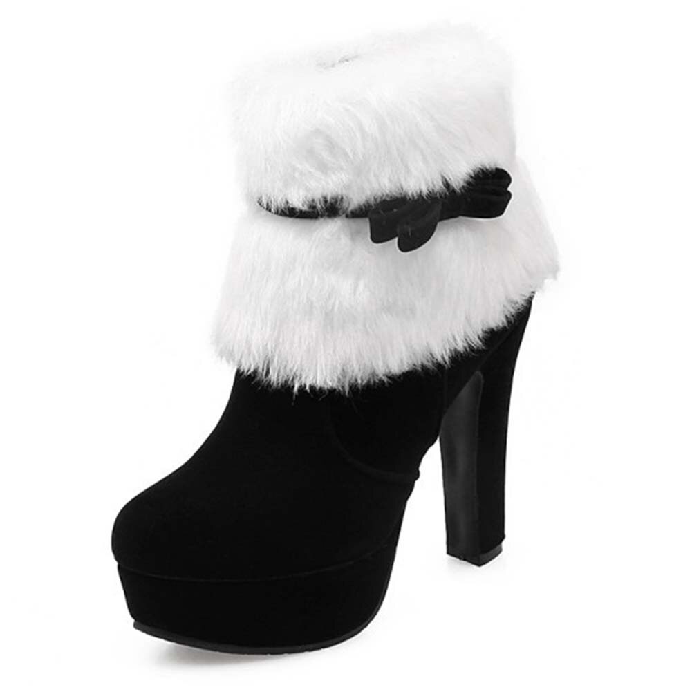 Nieuw Stijlvolle Vrouwelijke Schoenen Grote Maat 43 Platform Ronde Neus Korte Pluche Strik Ankel Spike Hakken Flock Sweet vrouwen Laarzen: Black / 10.5