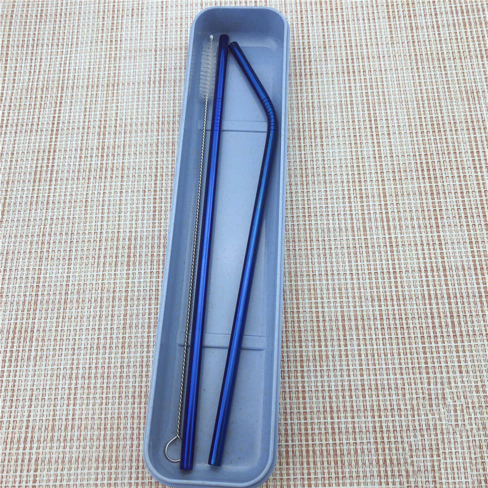 Jankng 2 stuks kleurrijke blauwe rietjes 304 roestvrijstalen rietjes 16/19/21/23/26cm drinkrietjes herbruikbare gebogen metalen rietjes met borstel