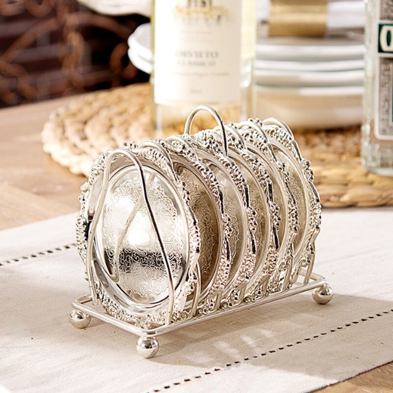 Top metal kop coaster krus/glas måtte/dessert tallerken 6 stk/sæt guld sølv dekoration europæisk stil: Sølv