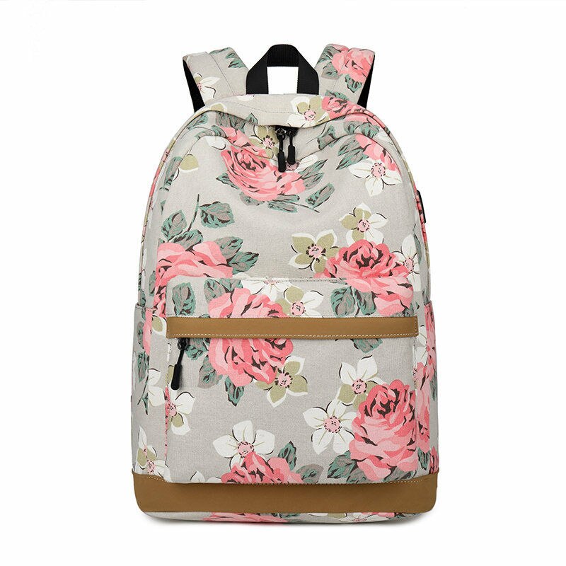 Canvas Vrouwen Bloemen Rugzak Usb Opladen Schooltassen Voor Meisjes Reizen Rugzak: Grijs